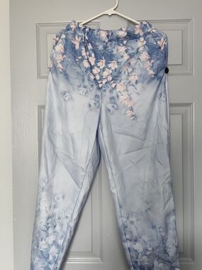 Light Blue Floral Print Satin Lounge Pants Size S Women's